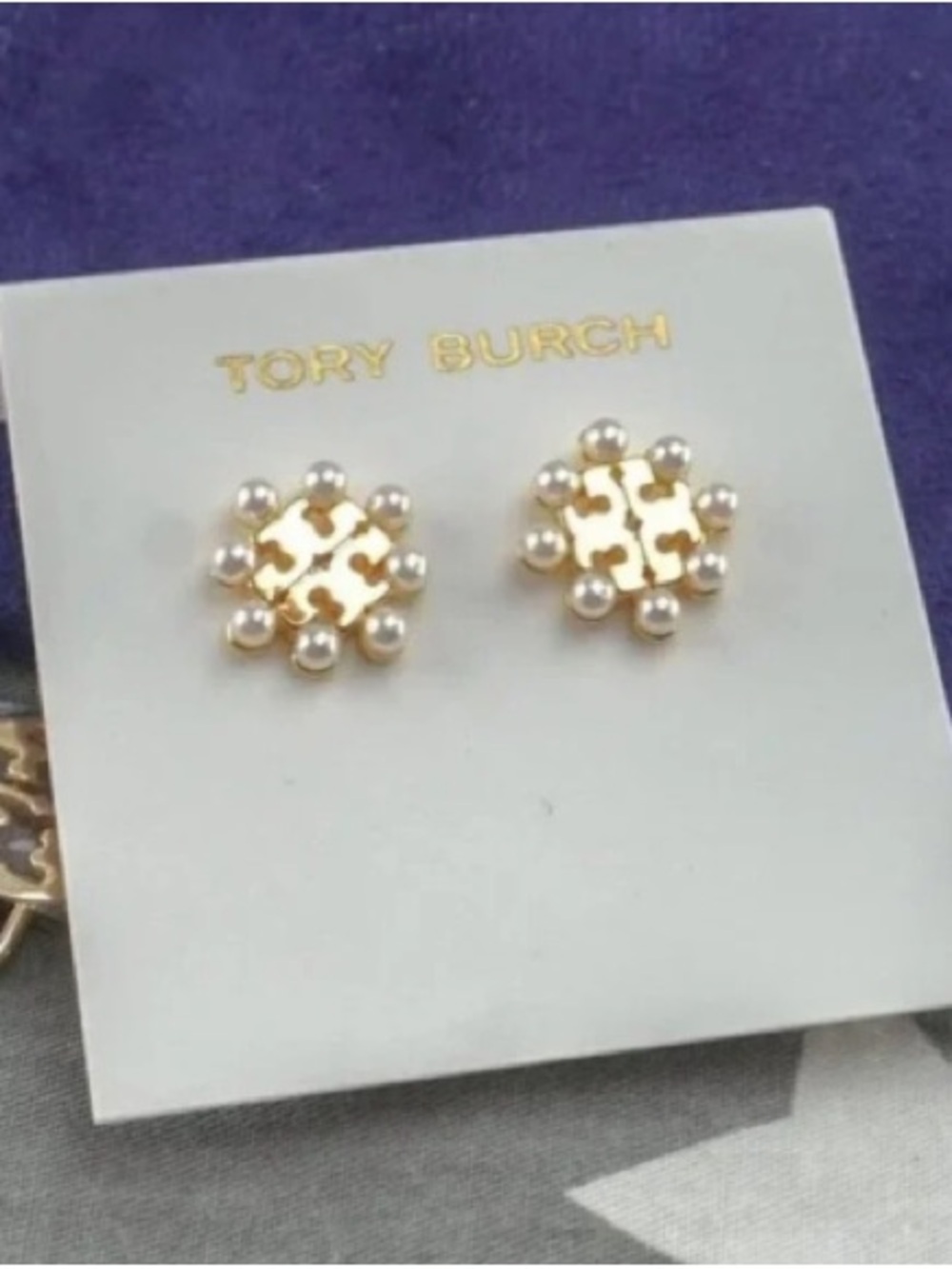 Tory Burch Gold and Pearl Logo Stud Earrings
